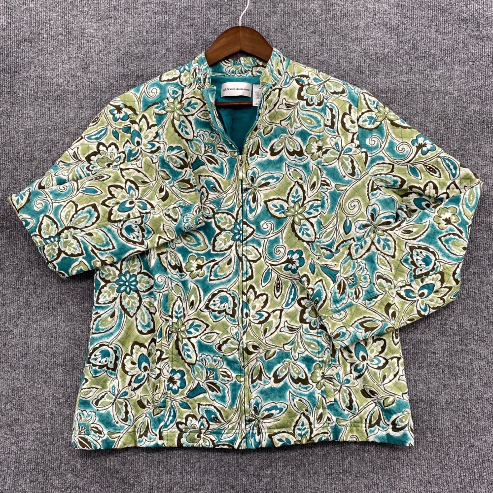 Alfred Dunner Floral Quilted Jacket Women 16 Teal Green Zip Up Mock Neck Coastal